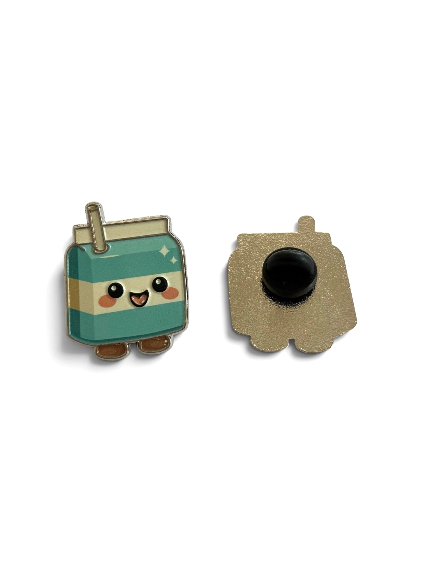 A cute enamel pin shaped like a smiling cool milk carton, shown from both the front and back. The front features a blue and cream-colored carton with a happy face, and the back shows the gold-toned metal backing with a black pin.
Copyright © Cute Bites® All rights reserved.