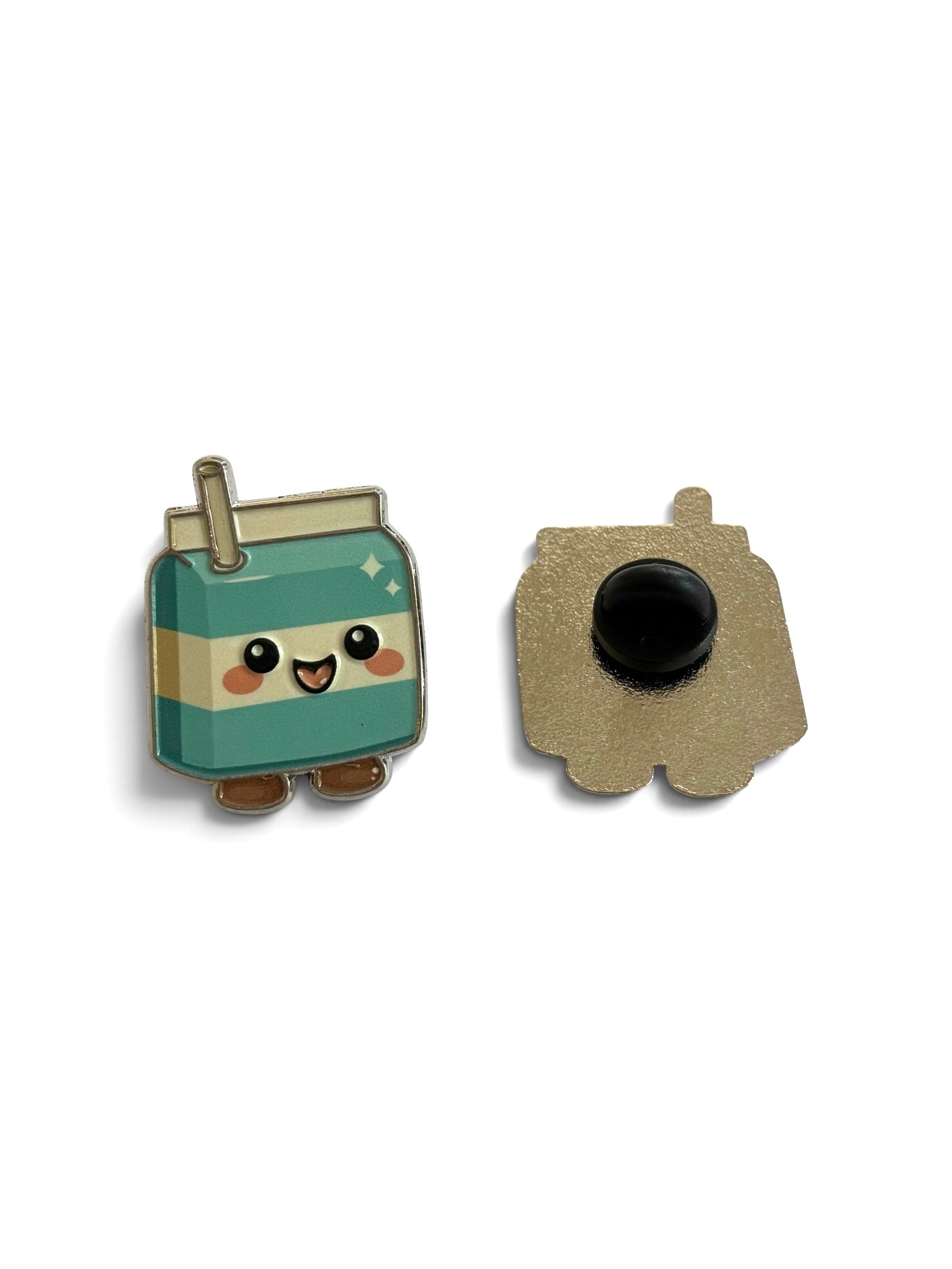 A cute enamel pin shaped like a smiling cool milk carton, shown from both the front and back. The front features a blue and cream-colored carton with a happy face, and the back shows the gold-toned metal backing with a black pin.
Copyright © Cute Bites® All rights reserved.