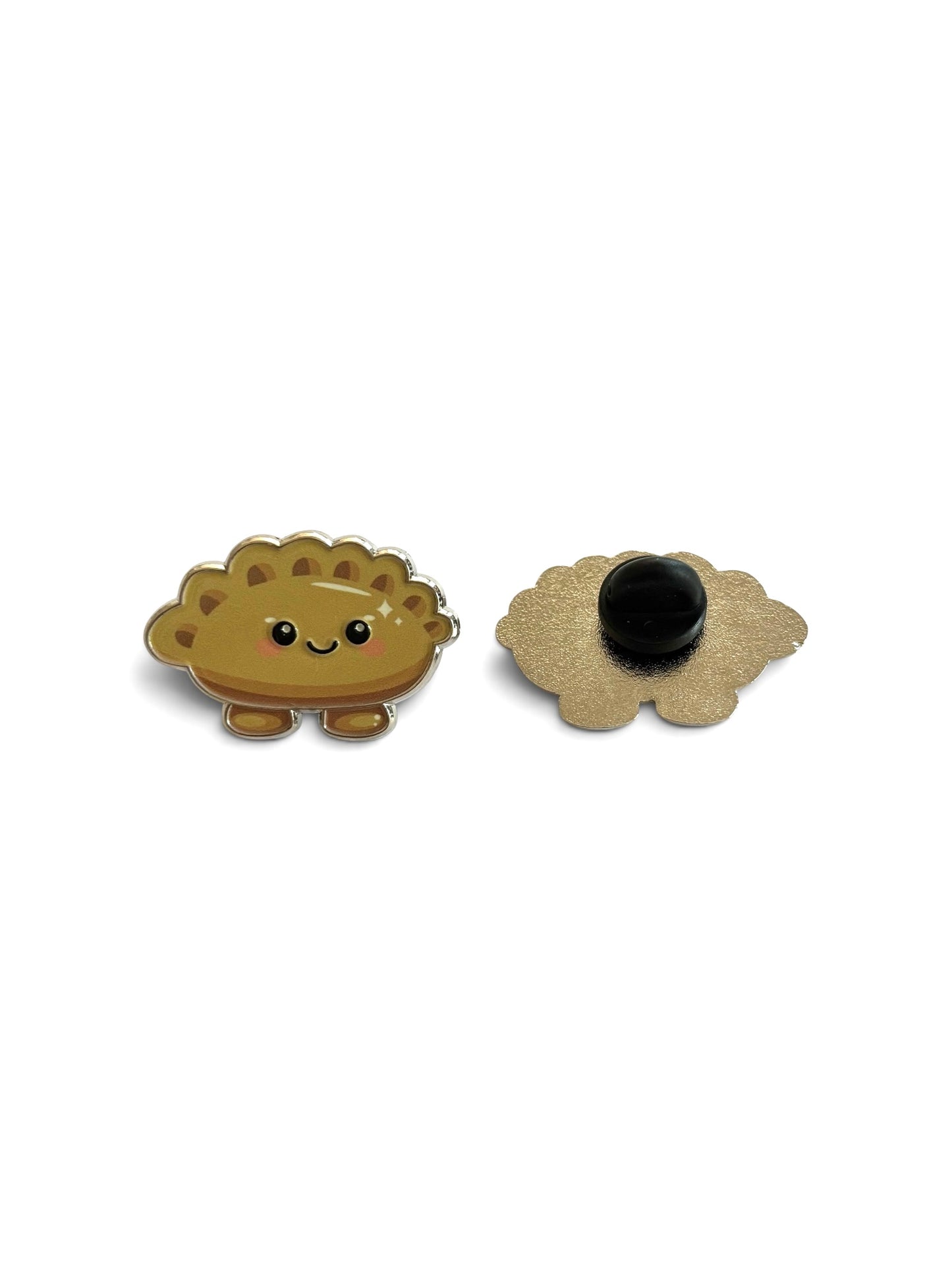 Enamel pin shaped like a cheerful gyoza with a smiling face, shown next to its back with a black button clasp on a plain white background.
Copyright © Cute Bites® All rights reserved.
