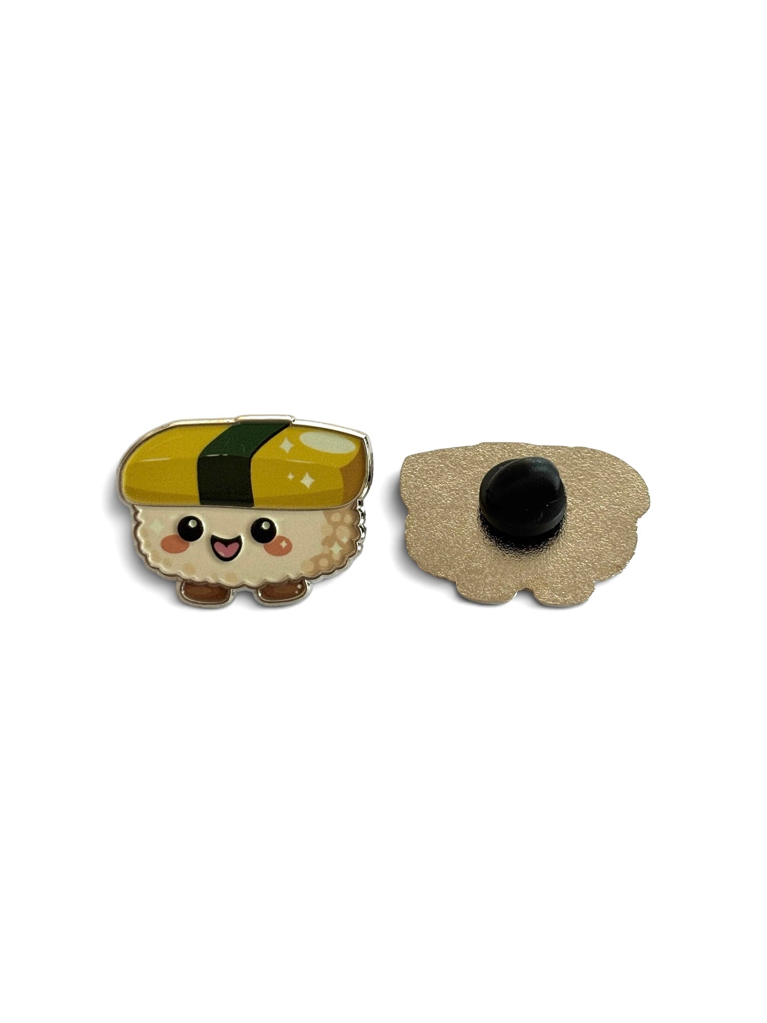 A cute sunny egg maki wrap sushi enamel pin shown from both the front and back. The front features a smiling sushi character with a yellow top, green band, and beige rice body.
Copyright © Cute Bites® All rights reserved.